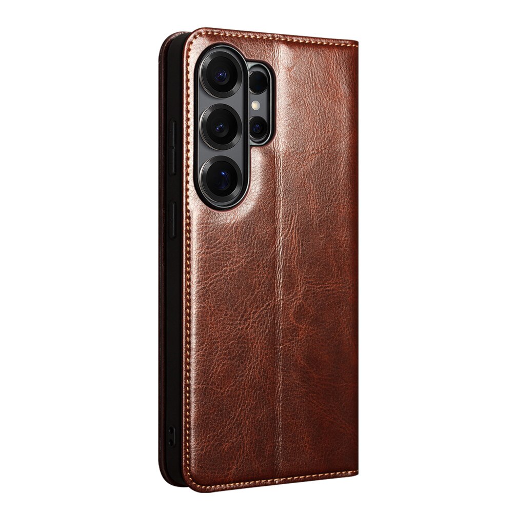 Husa pentru Samsung Galaxy S26 Ultra – piele naturala fina, tip carte, sloturi carduri si bani, functie stand, Qialino Classic Wallet, Maro - Espresso Brown