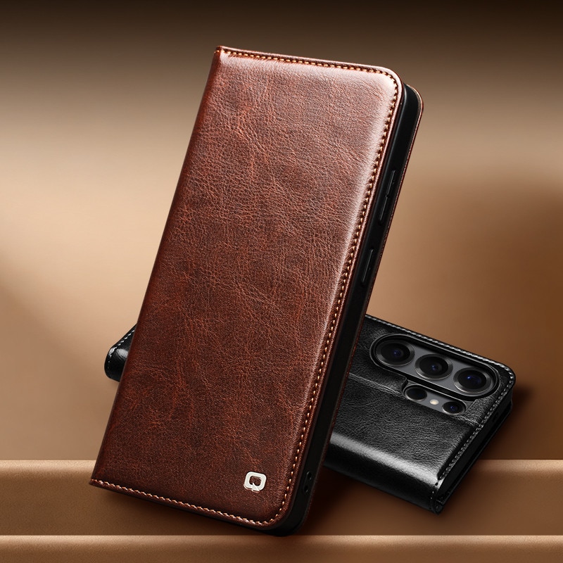 Husa pentru Samsung Galaxy S26 Ultra – piele naturala fina, tip carte, sloturi carduri si bani, functie stand, Qialino Classic Wallet, Maro - Espresso Brown