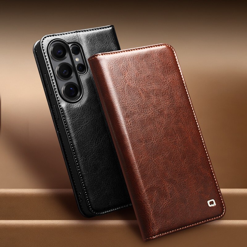 Husa pentru Samsung Galaxy S26 Ultra – piele naturala fina, tip carte, sloturi carduri si bani, functie stand, Qialino Classic Wallet, Maro - Espresso Brown