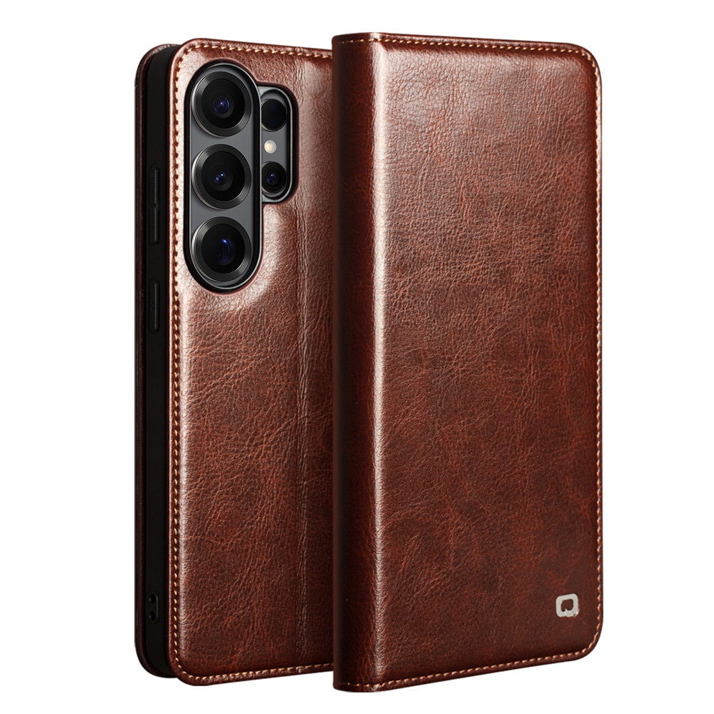 Husa pentru Samsung Galaxy S26 Ultra – piele naturala fina, tip carte, sloturi carduri si bani, functie stand, Qialino Classic Wallet, Maro - Espresso Brown