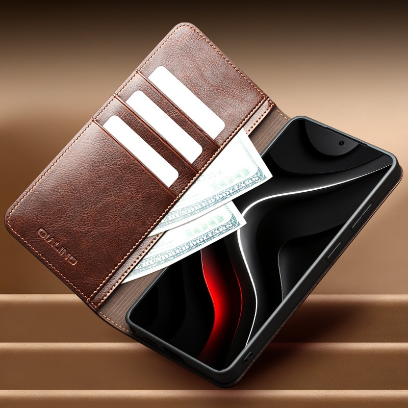 Husa pentru Samsung Galaxy S26 Ultra – piele naturala fina, tip carte, sloturi carduri si bani, functie stand, Qialino Classic Wallet, Maro - Espresso Brown