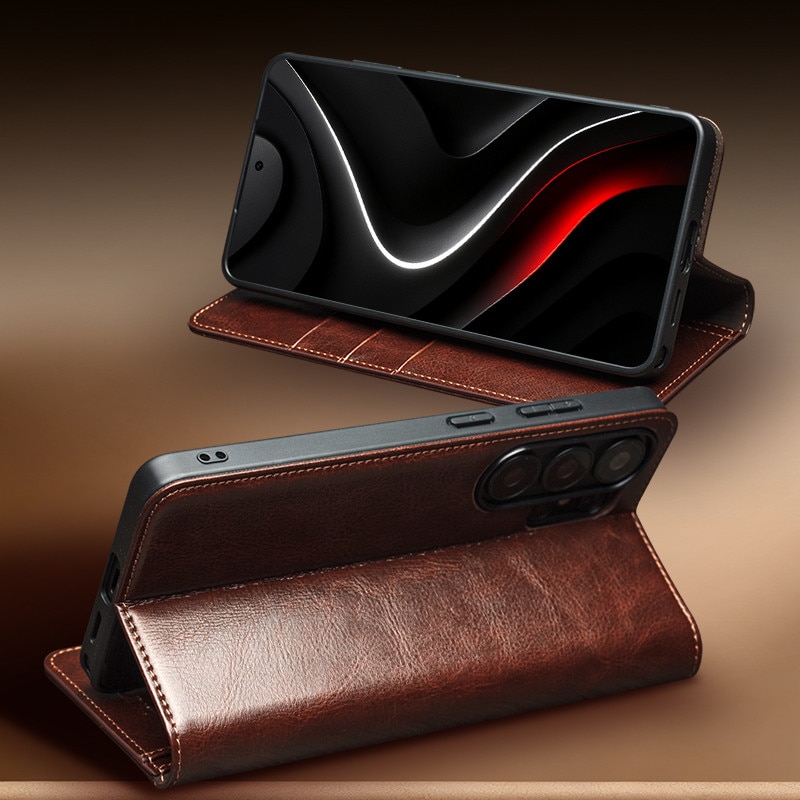 Husa pentru Samsung Galaxy S26 Ultra – piele naturala fina, tip carte, sloturi carduri si bani, functie stand, Qialino Classic Wallet, Maro - Espresso Brown