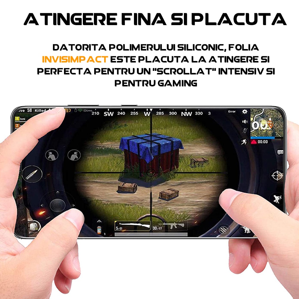 Folie InvisImpact compatibila cu TCL 20 SE, Polimer siliconic, Adeziv premium, Montare usoara, Fara lichid, Regenerabila, Full Glue, Compatibila cu senzorul de amprenta, Full Face