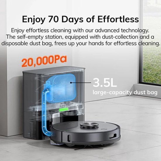 Robot aspirator Corenia QRE-4331296, baza cu golire automata, 5000 Pa, sac 3,5 L, autonomie 260 min, rezervor apa 200 ml cu functie mop, Wi‑Fi, compatibil Alexa/Google, gri inchis