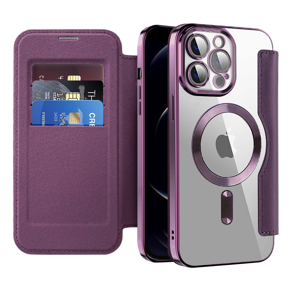 Husa Flip MagSafe pentru Apple iPhone 12 Pro Max, Buzunar Card RFID, Tip Carte, Design Modern si Elegant, Mov