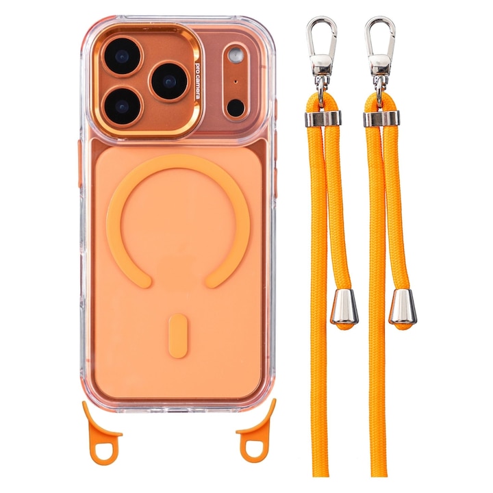 Husa de protectie, pentru Apple iPhone 17 Pro Max / iPhone 18 Pro Max, MagSafe, Calitate Premium, Anti-soc, Premium, cu Snur de 1.5 Metri Grosime 6mm, Portocaliu/Transparent