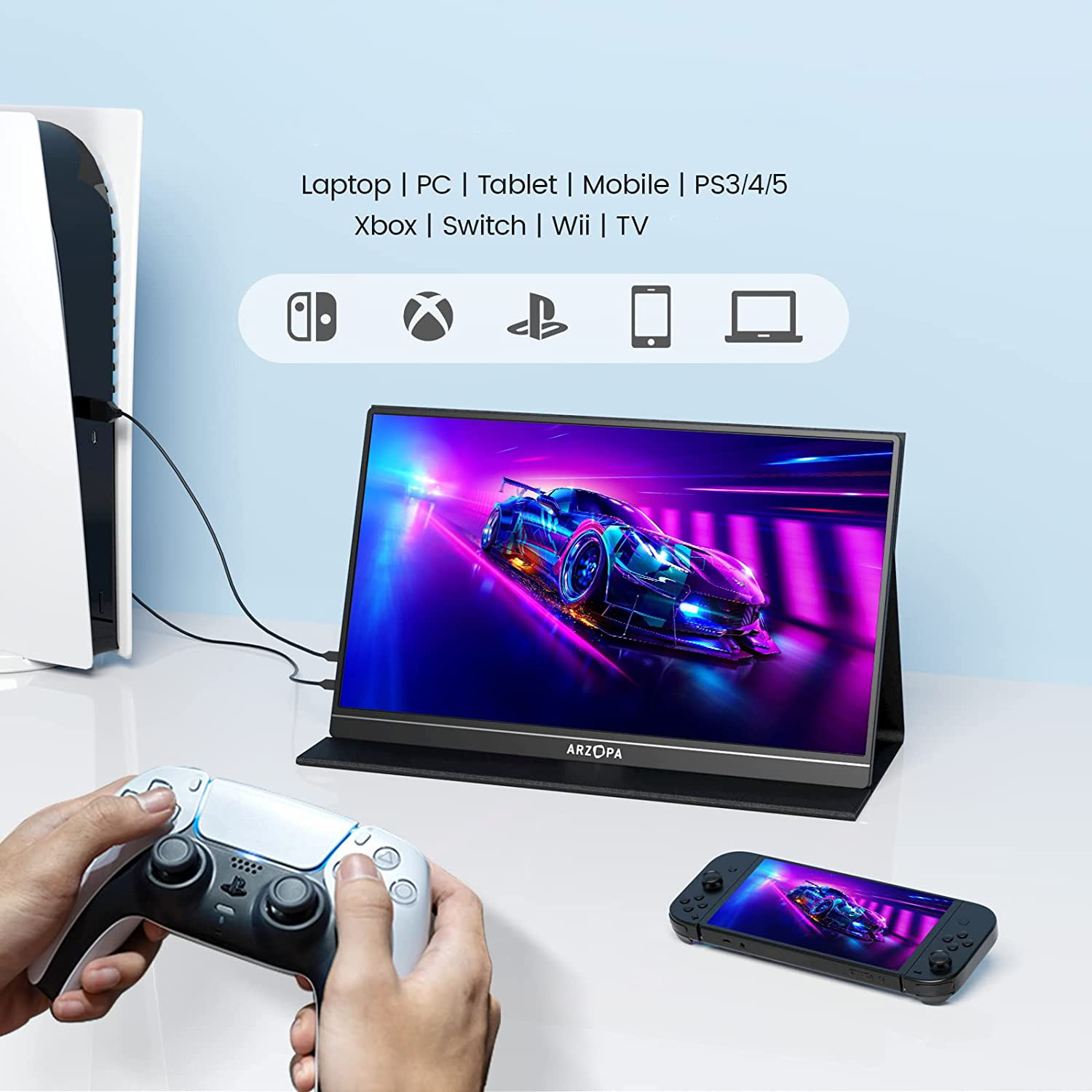 Monitor portabil ARZOPA S1 Table, 15.6", Full HD, IPS, Wide, USB Type-C, Mini HDMI, Smart Cover, Negru