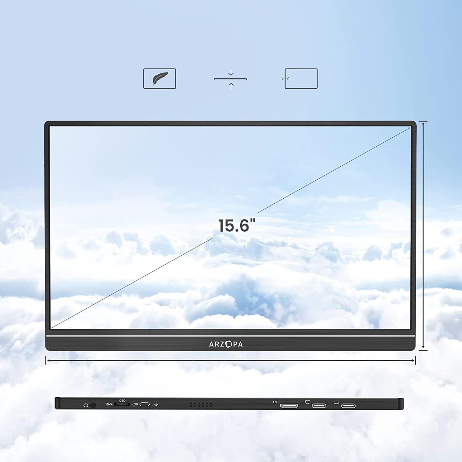 Monitor portabil ARZOPA S1 Table, 15.6", Full HD, IPS, Wide, USB Type-C, Mini HDMI, Smart Cover, Negru