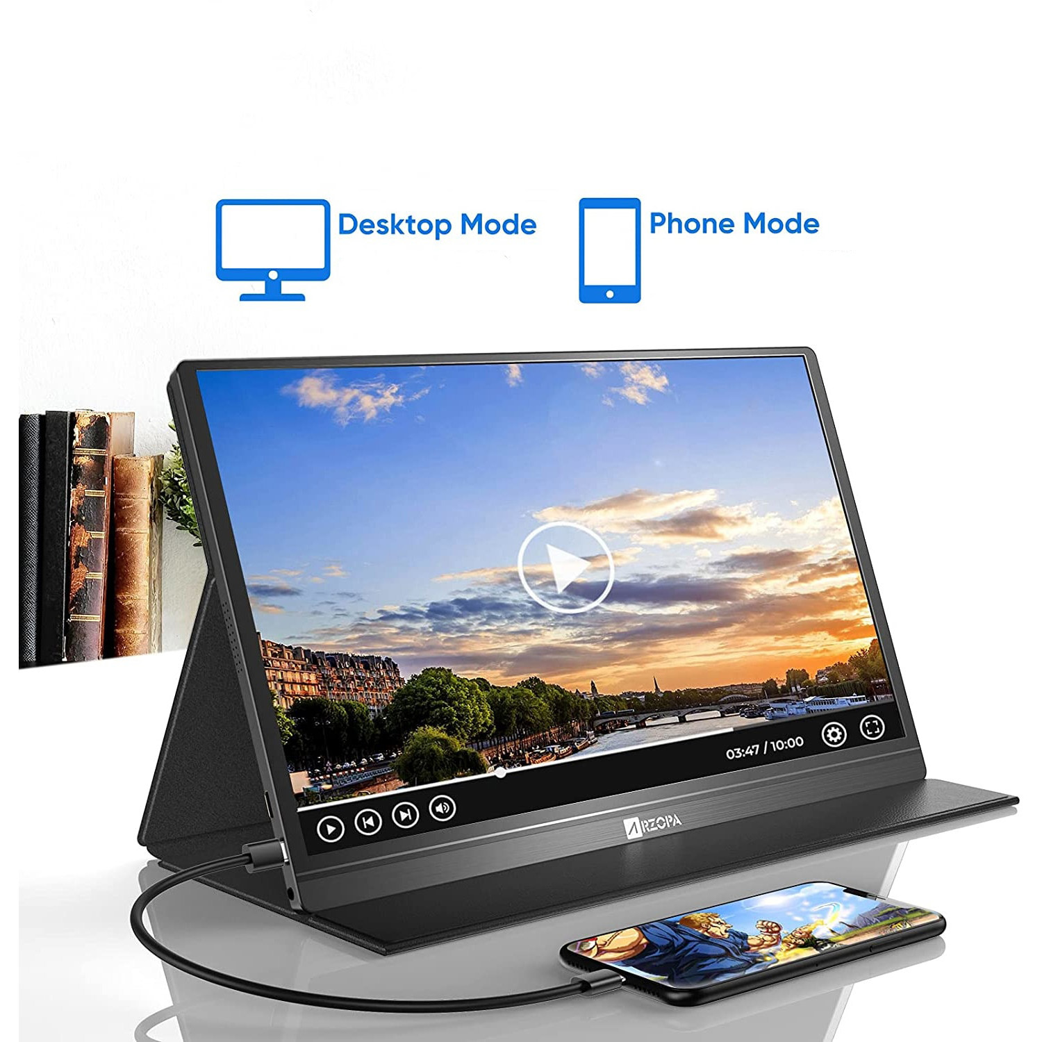 Monitor portabil ARZOPA S1 Table, 15.6", Full HD, IPS, Wide, USB Type-C, Mini HDMI, Smart Cover, Negru