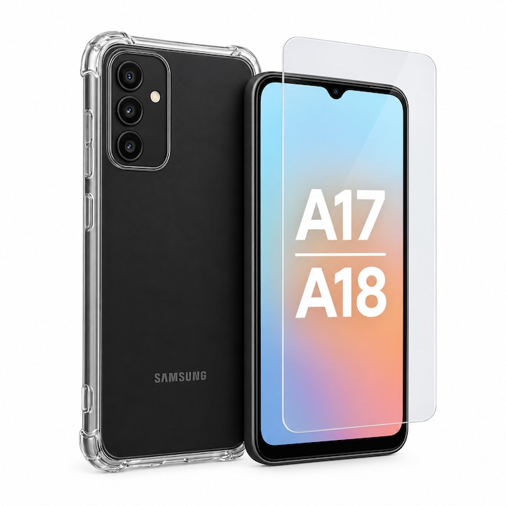 Set Husa pentru Samsung Galaxy A17 / A18 si Folie Ecran, Silicon Antishock, Transparent, Folie cu suport amprenta, BzStore