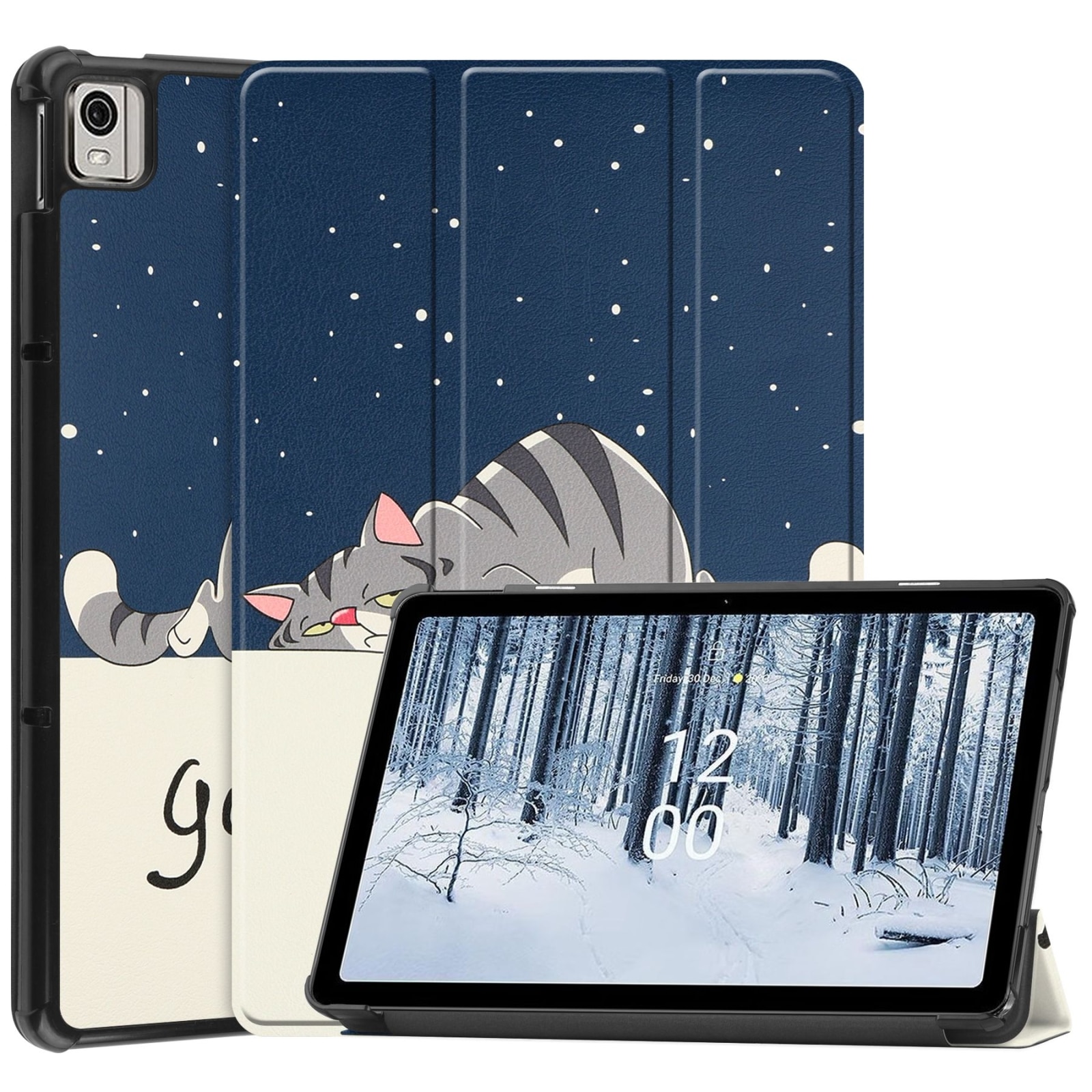 Husa tableta pentru Nokia T21, piele cu design pictat, tip carte cu suport, inchidere magnetica, acces complet la porturi, design pisica lenesa
