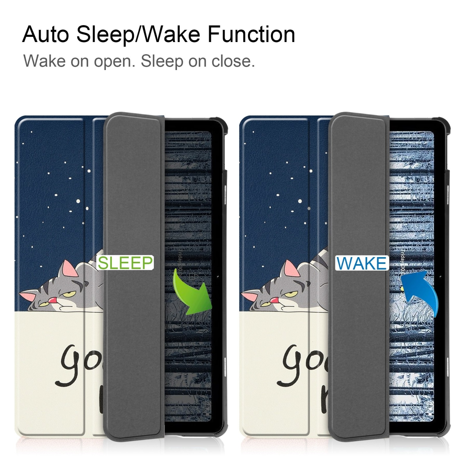 Husa tableta pentru Nokia T21, piele cu design pictat, tip carte cu suport, inchidere magnetica, acces complet la porturi, design pisica lenesa