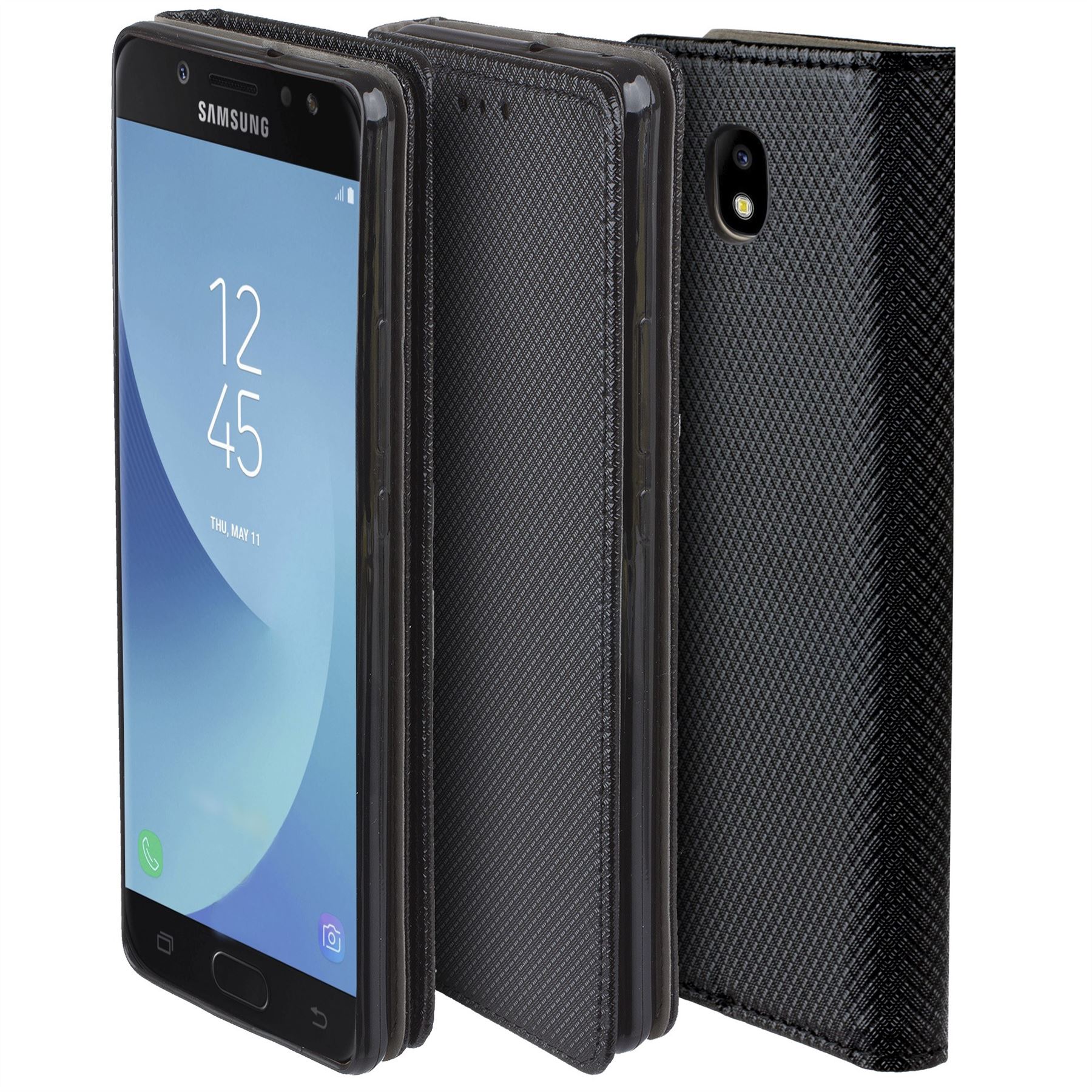 Husa pentru telefon, Moozy, Flip On, pentru Samsung Galaxy J7 (2017), Negru, Piele ecologica