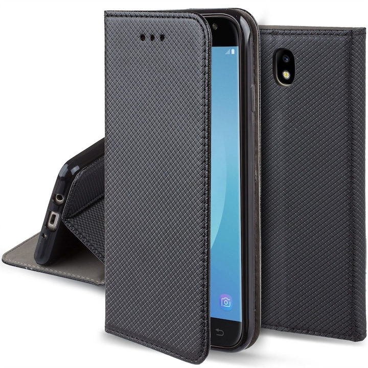 Husa pentru telefon, Moozy, Flip On, pentru Samsung Galaxy J7 (2017), Negru, Piele ecologica