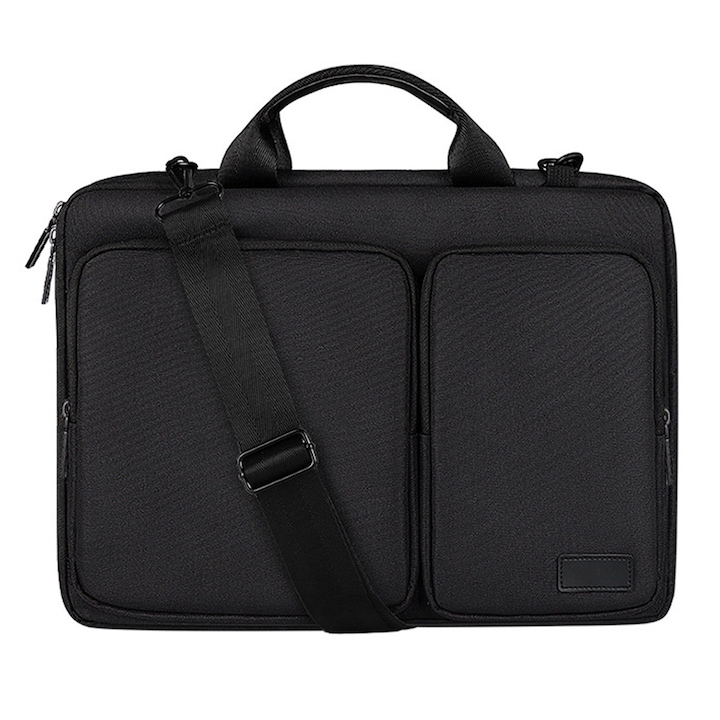 Geanta laptop HERUSI, poliester, rezistenta la apa, gri negru roz, 37.5x27x3.5cm