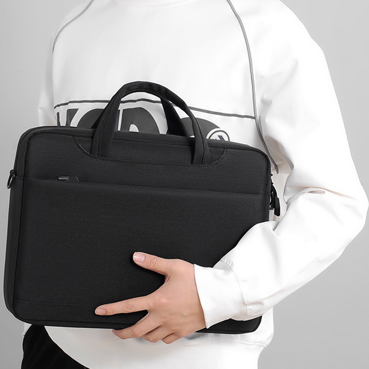 Geanta laptop Herusi multifunctionala, rezistenta la apa, gri-negru-albastru-roz, 37x27x7 cm