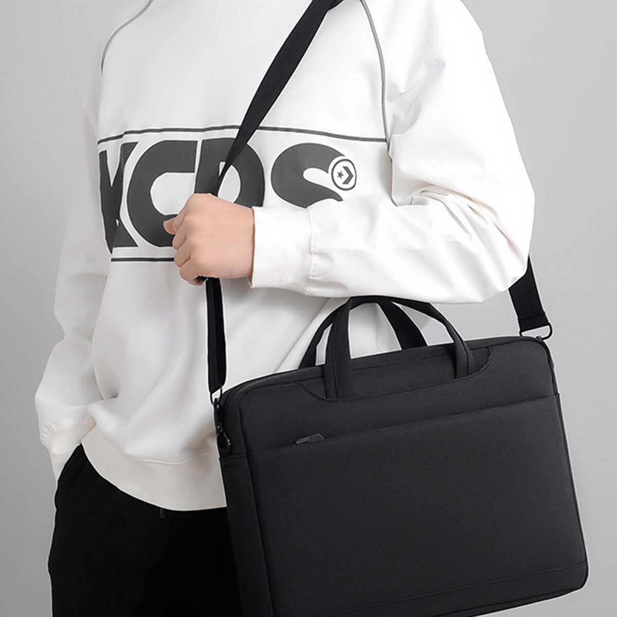 Geanta laptop Herusi multifunctionala, rezistenta la apa, gri-negru-albastru-roz, 37x27x7 cm