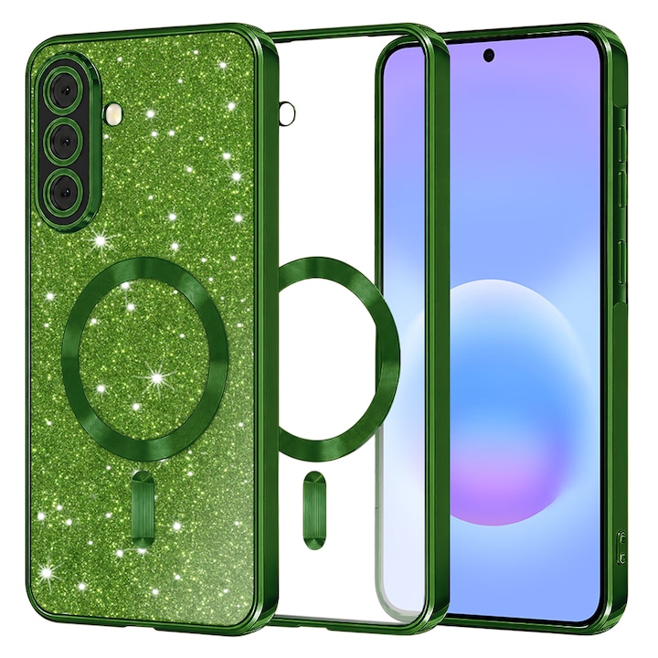 Husa pentru Samsung Galaxy A57 5G Sparkle Glare Detachable Layer, MagFit, cu protectie lentile - verde