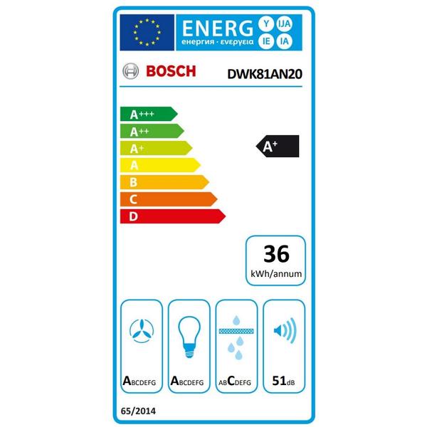 Hota incorporabila decorativa Bosch DWK81AN20, 3 trepte + intensiv, Putere de absorbtie 915 mc/h, 80 cm, Sticla alba