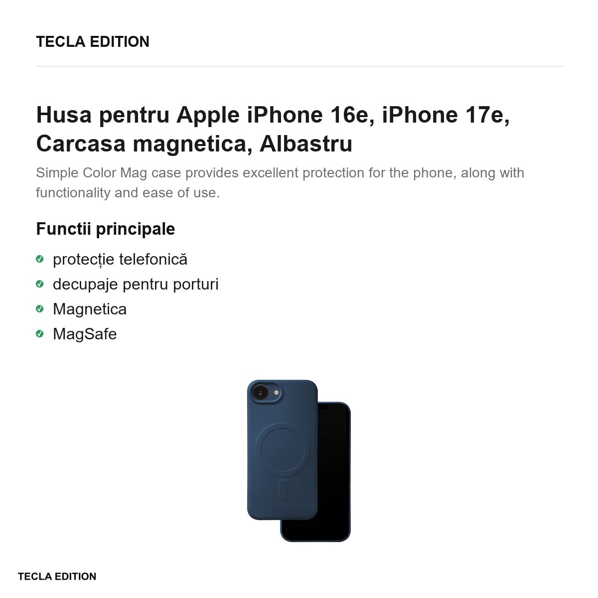 Husa Simple Color Mag pentru Apple iPhone 16e, iPhone 17e, Carcasa magnetica, Albastru