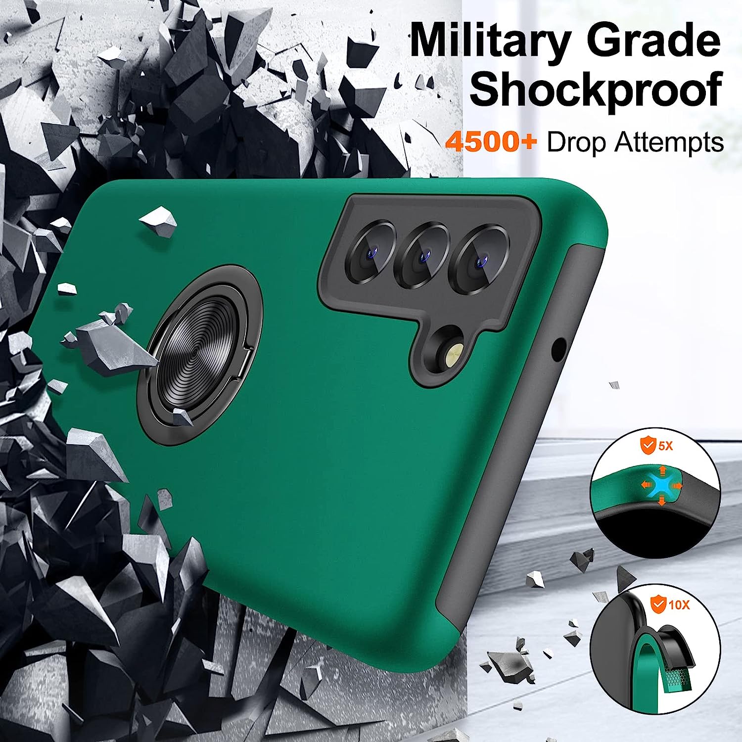 Husa pentru Samsung Galaxy S21 FE, MobileSmart, Hibrid Antisoc, Inel Rotativ 360° Magnetic pentru Suport Auto, Verde