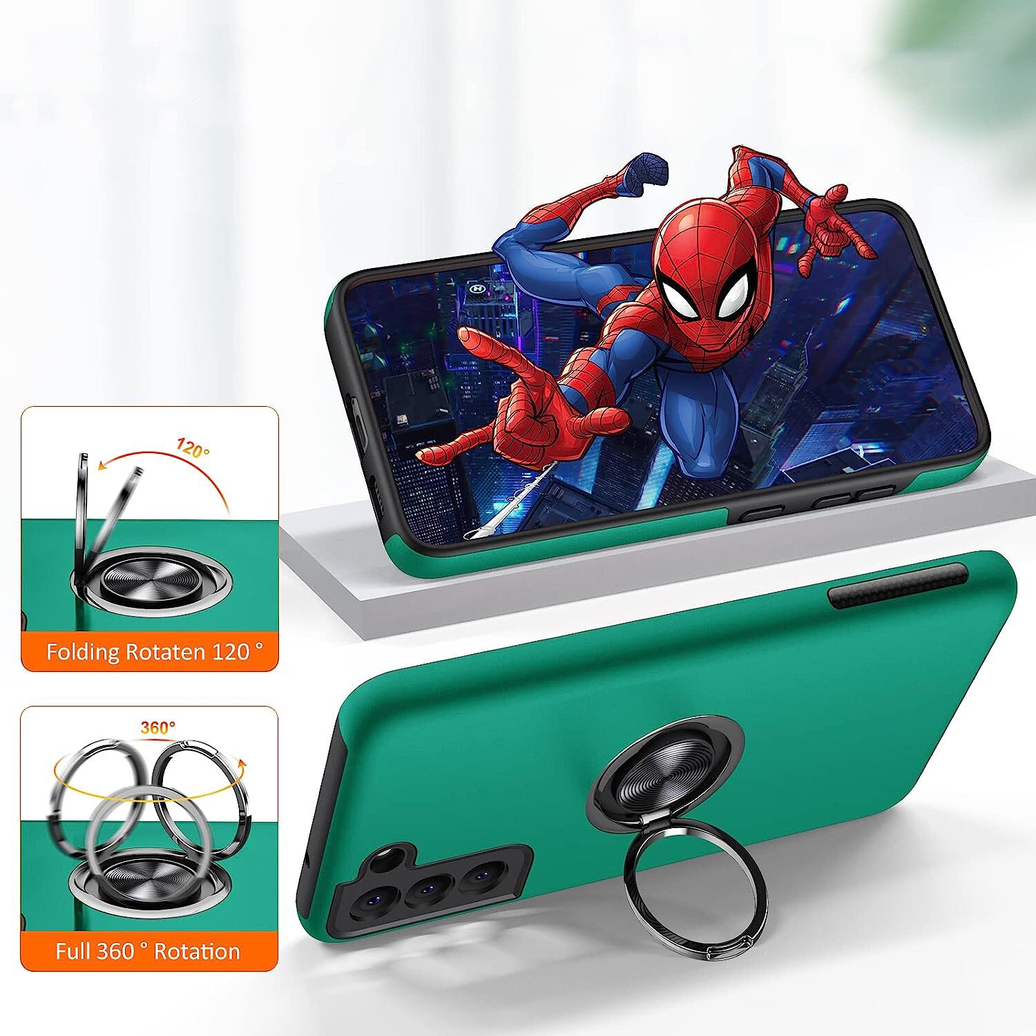 Husa pentru Samsung Galaxy S21 FE, MobileSmart, Hibrid Antisoc, Inel Rotativ 360° Magnetic pentru Suport Auto, Verde