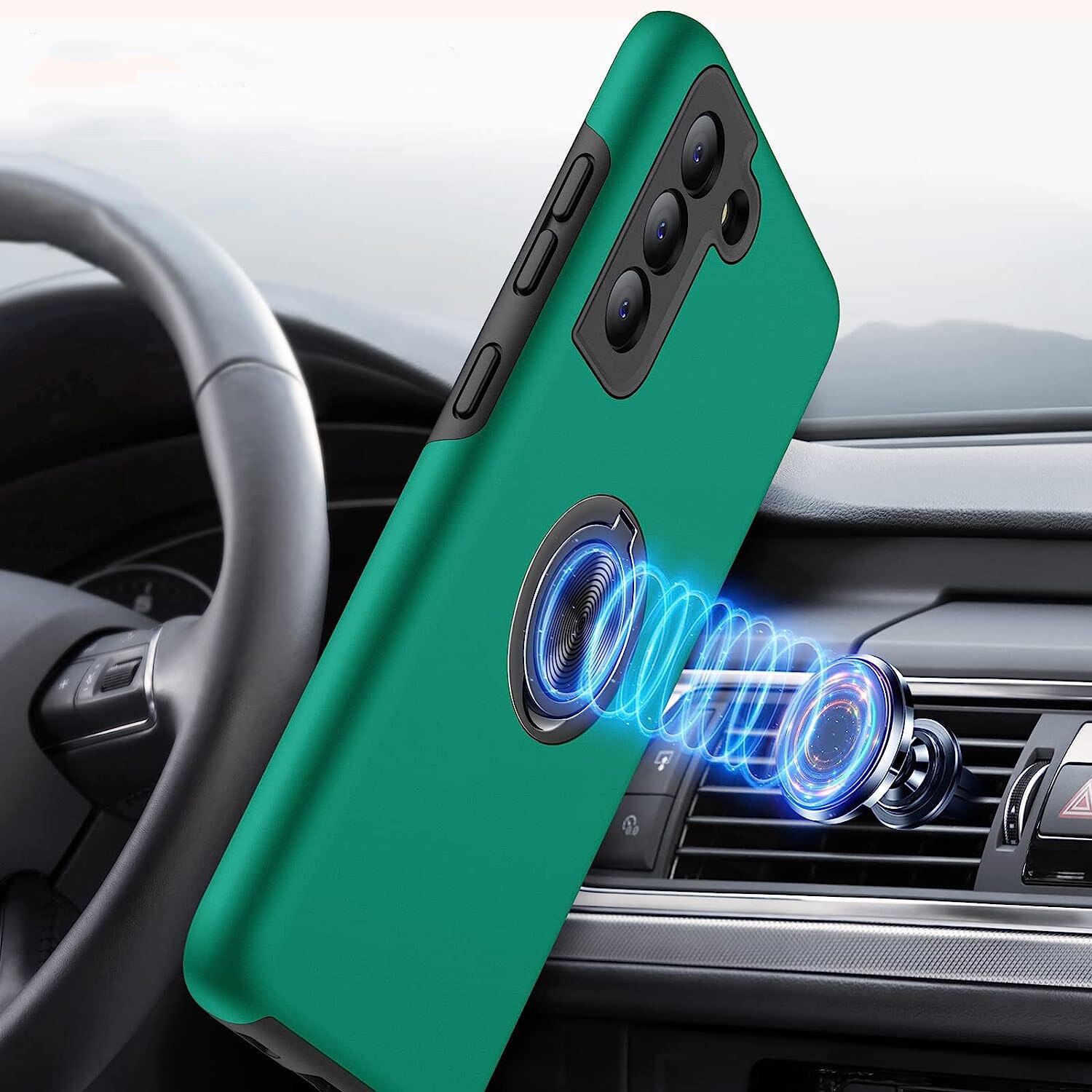 Husa pentru Samsung Galaxy S21 FE, MobileSmart, Hibrid Antisoc, Inel Rotativ 360° Magnetic pentru Suport Auto, Verde