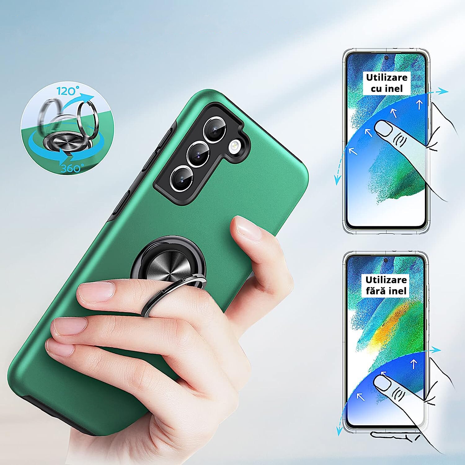 Husa pentru Samsung Galaxy S21 FE, MobileSmart, Hibrid Antisoc, Inel Rotativ 360° Magnetic pentru Suport Auto, Verde