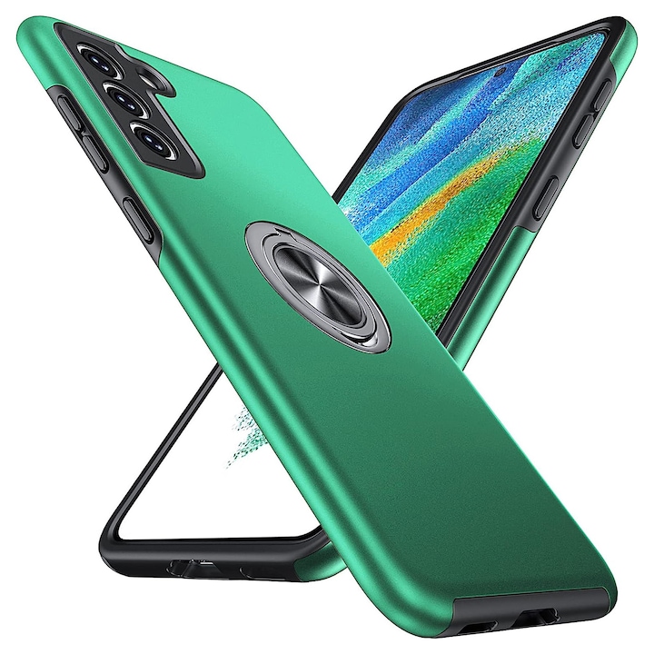 Husa pentru Samsung Galaxy S21 FE, MobileSmart, Hibrid Antisoc, Inel Rotativ 360° Magnetic pentru Suport Auto, Verde