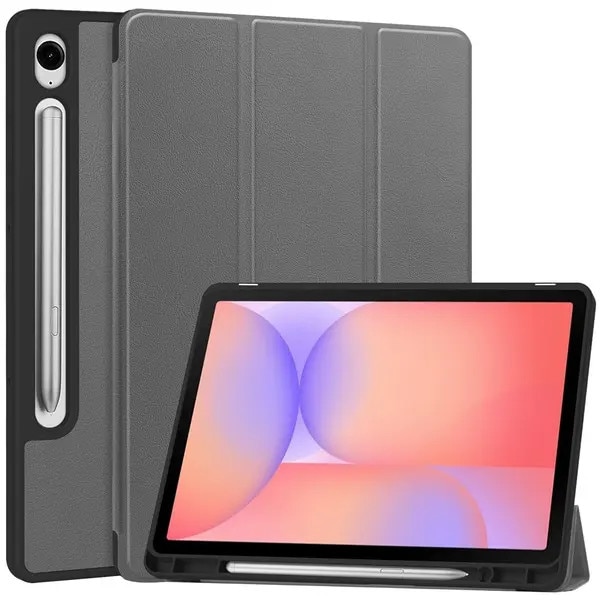 Husa pentru Samsung Galaxy Tab S10 Lite, din piele PU cu spate din plastic dur si interior din microfibra, suport stand si slot pentru S Pen, gri