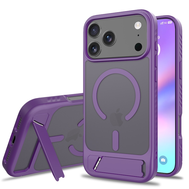 Husa de protectie pentru iPhone 17 Pro Max / iPhone 18 Pro Max, Omelivon, MagSafe, cu Suport ajustabil, Margini ridicate pentru protectia ecranului, Anti-Soc, Decupaje Precise, Incarcare Wireless, Spate Semitransparent, Violet inchis