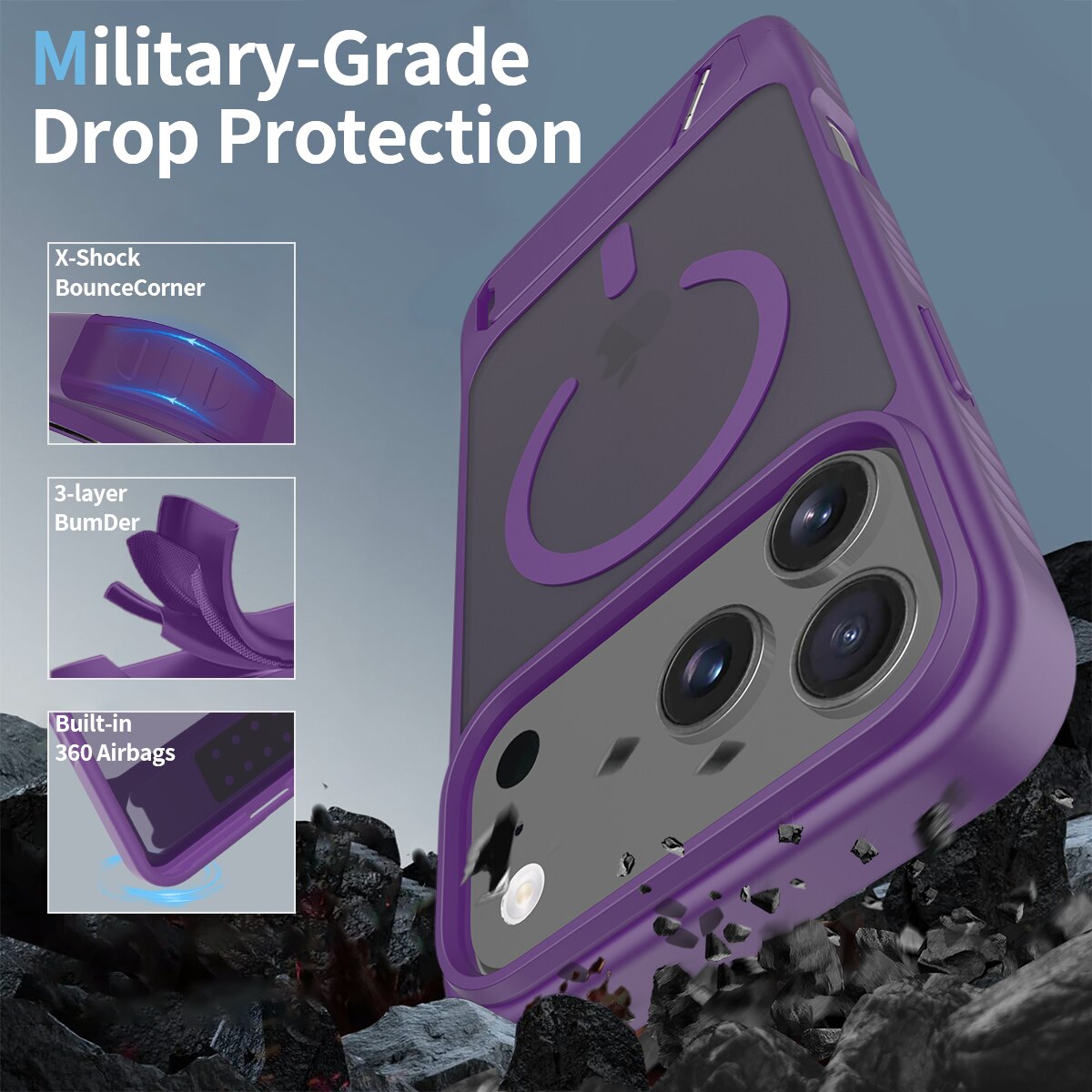 Husa de protectie pentru iPhone 17 Pro Max / iPhone 18 Pro Max, Omelivon, MagSafe, cu Suport ajustabil, Margini ridicate pentru protectia ecranului, Anti-Soc, Decupaje Precise, Incarcare Wireless, Spate Semitransparent, Violet inchis