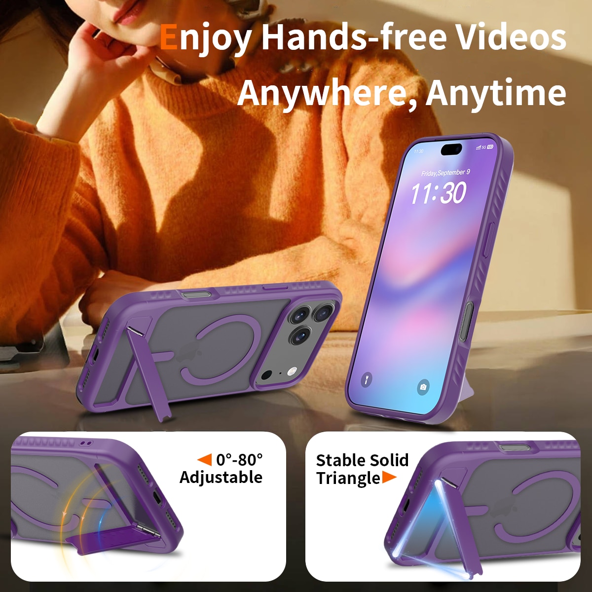 Husa de protectie pentru iPhone 17 Pro Max / iPhone 18 Pro Max, Omelivon, MagSafe, cu Suport ajustabil, Margini ridicate pentru protectia ecranului, Anti-Soc, Decupaje Precise, Incarcare Wireless, Spate Semitransparent, Violet inchis