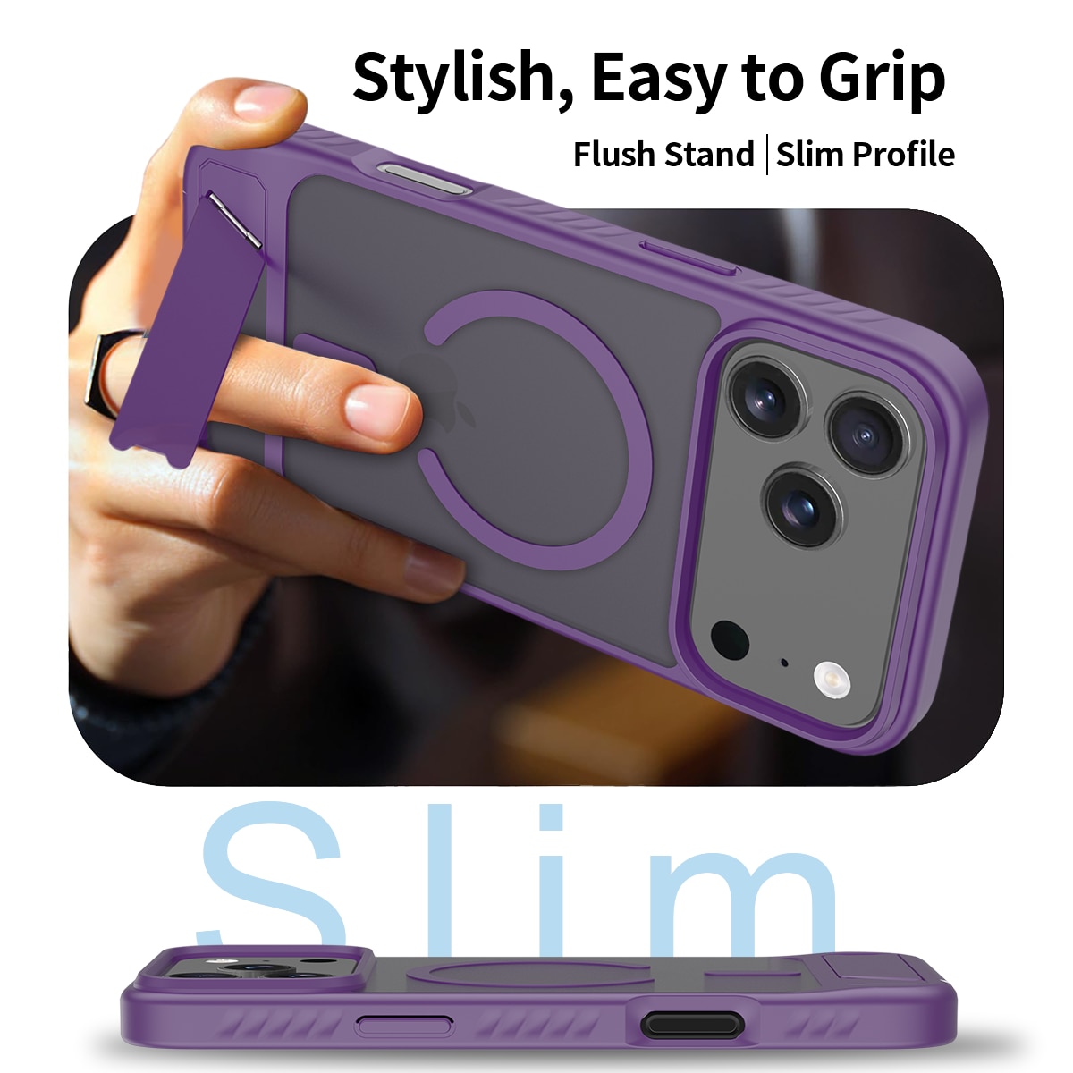 Husa de protectie pentru iPhone 17 Pro Max / iPhone 18 Pro Max, Omelivon, MagSafe, cu Suport ajustabil, Margini ridicate pentru protectia ecranului, Anti-Soc, Decupaje Precise, Incarcare Wireless, Spate Semitransparent, Violet inchis
