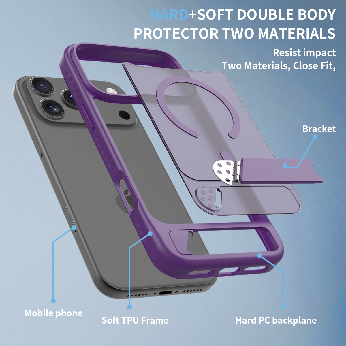 Husa de protectie pentru iPhone 17 Pro Max / iPhone 18 Pro Max, Omelivon, MagSafe, cu Suport ajustabil, Margini ridicate pentru protectia ecranului, Anti-Soc, Decupaje Precise, Incarcare Wireless, Spate Semitransparent, Violet inchis