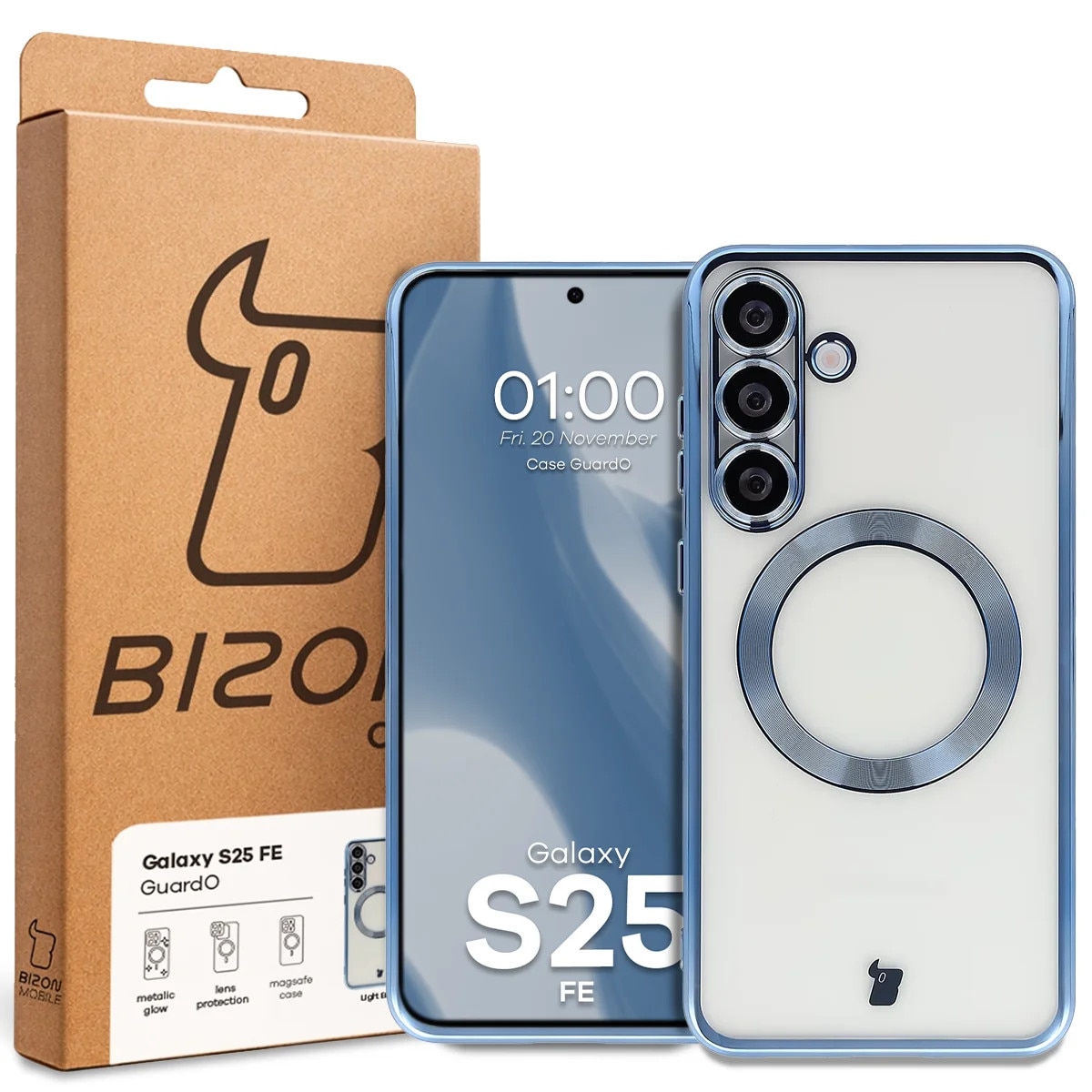 Husa cu protectie pentru camera pentru Magsafe Bizon Case GuardO pentru Galaxy S25 FE, Albastru transparent