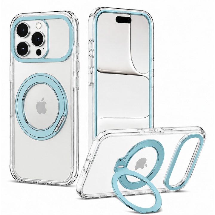 Carcasa Omelivon iPhone 17 Air, MagSafe compatibila, inel suport rotativ 360° din aluminiu, protectie camera si colturi cu airbag, transparent/albastru