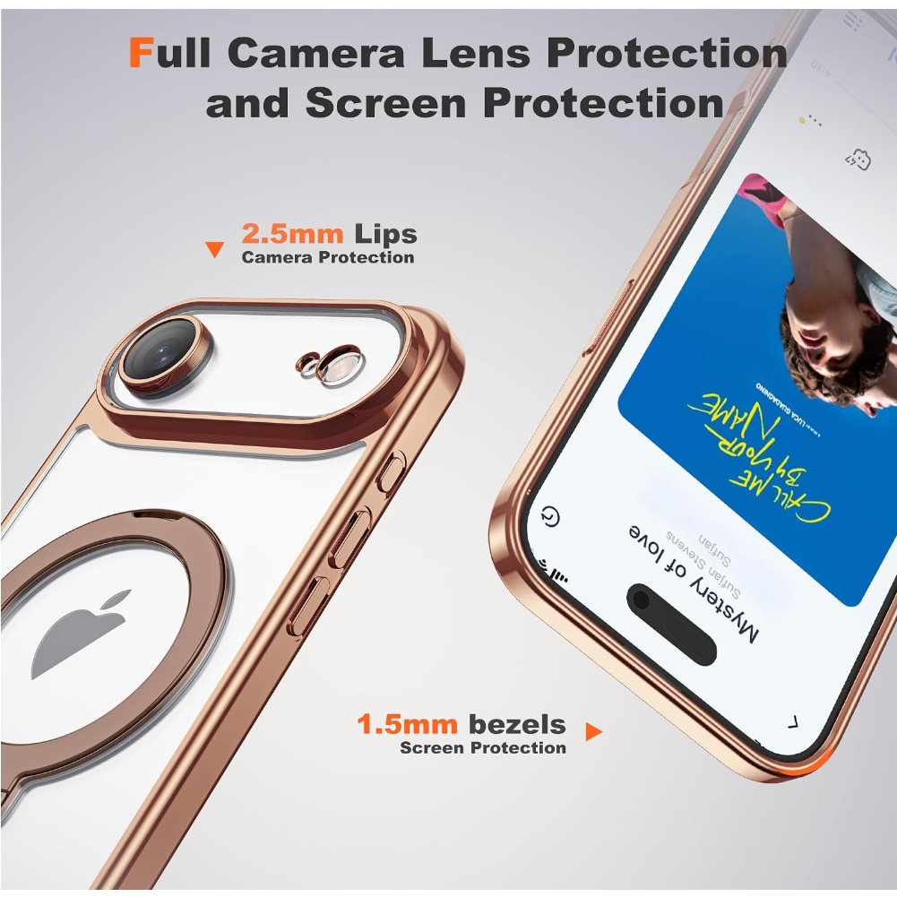 Carcasa Omelivon iPhone 17 Air, MagSafe compatibila, inel suport rotativ 360° din aluminiu, protectie camera si colturi cu airbag, transparent/albastru