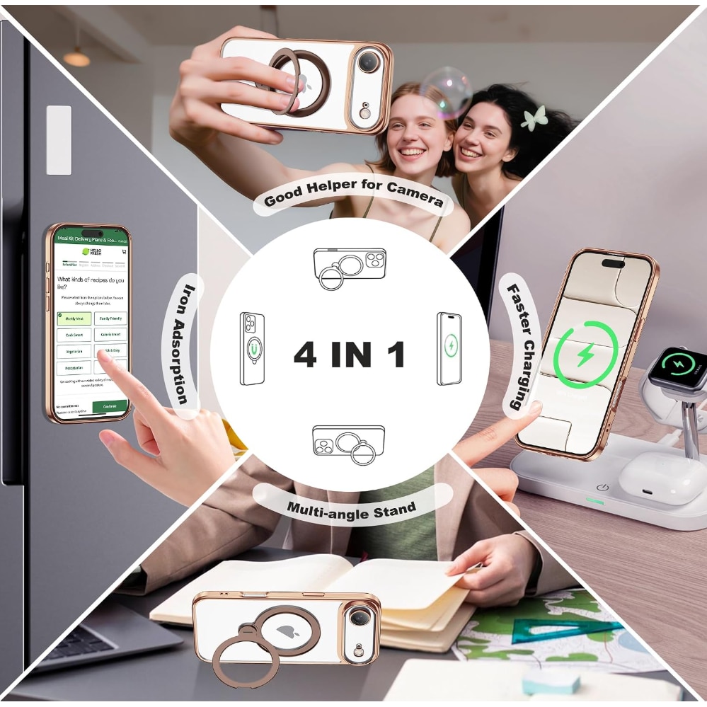 Carcasa Omelivon iPhone 17 Air, MagSafe compatibila, inel suport rotativ 360° din aluminiu, protectie camera si colturi cu airbag, transparent/albastru