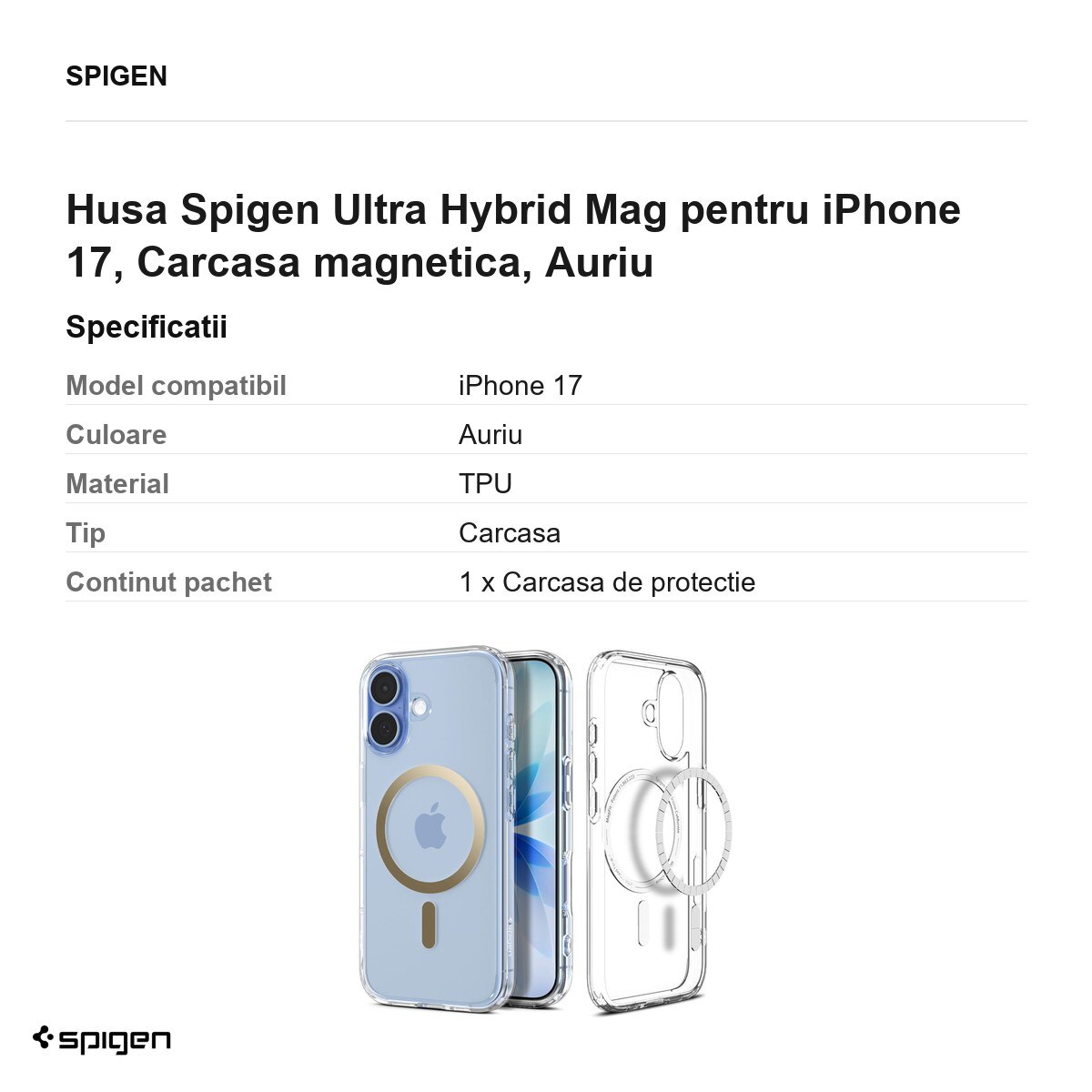 Husa Spigen Ultra Hybrid Mag pentru iPhone 17, Carcasa magnetica, Auriu