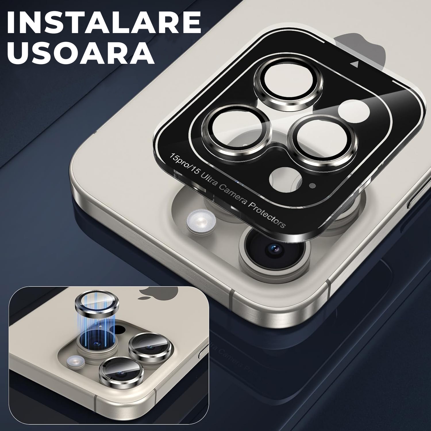 Folie Camera Daden din sticla pentru iPhone 15 Pro Max, Full Cover, Protectie Profesionala, Ultra Rezistenta, Calitate Premium, Natural Titanum, Gri