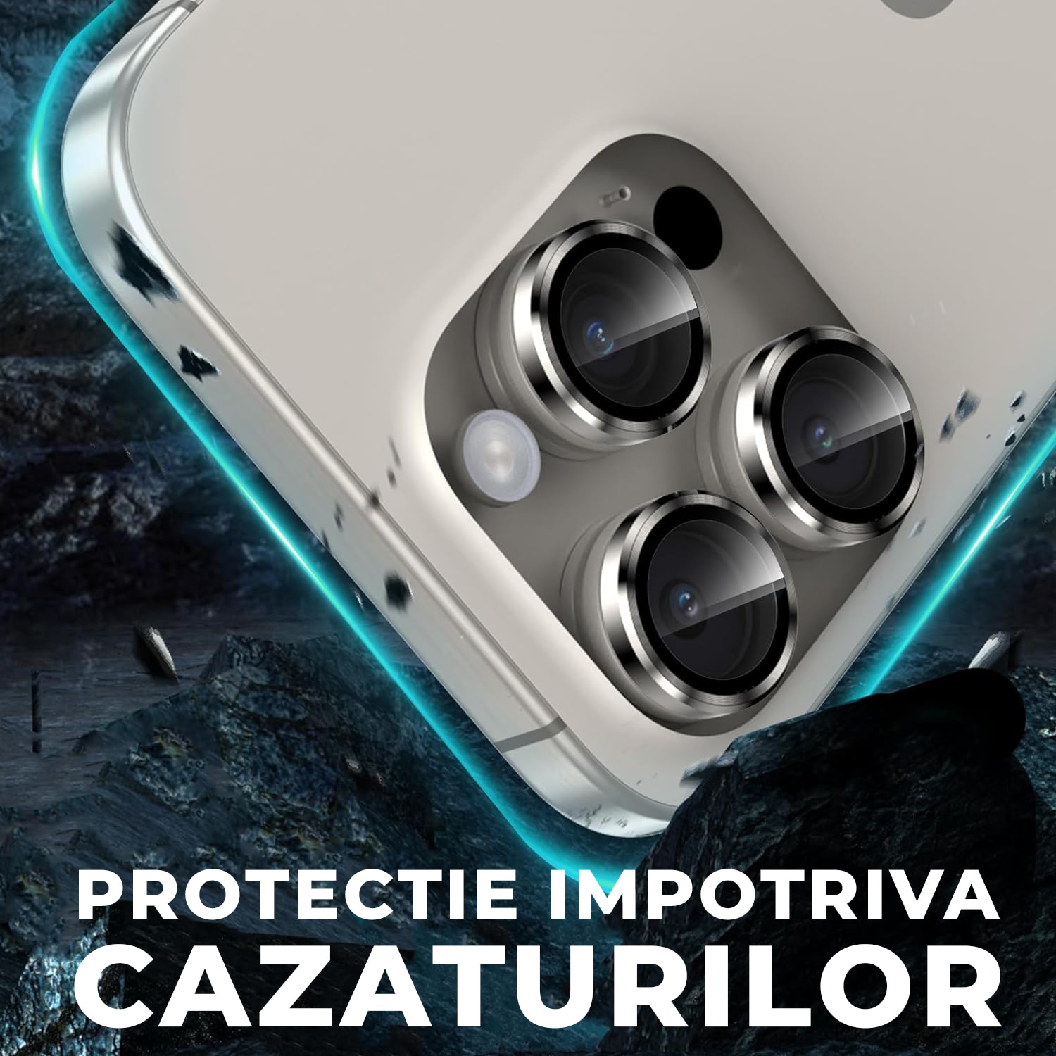 Folie Camera Daden din sticla pentru iPhone 15 Pro Max, Full Cover, Protectie Profesionala, Ultra Rezistenta, Calitate Premium, Natural Titanum, Gri