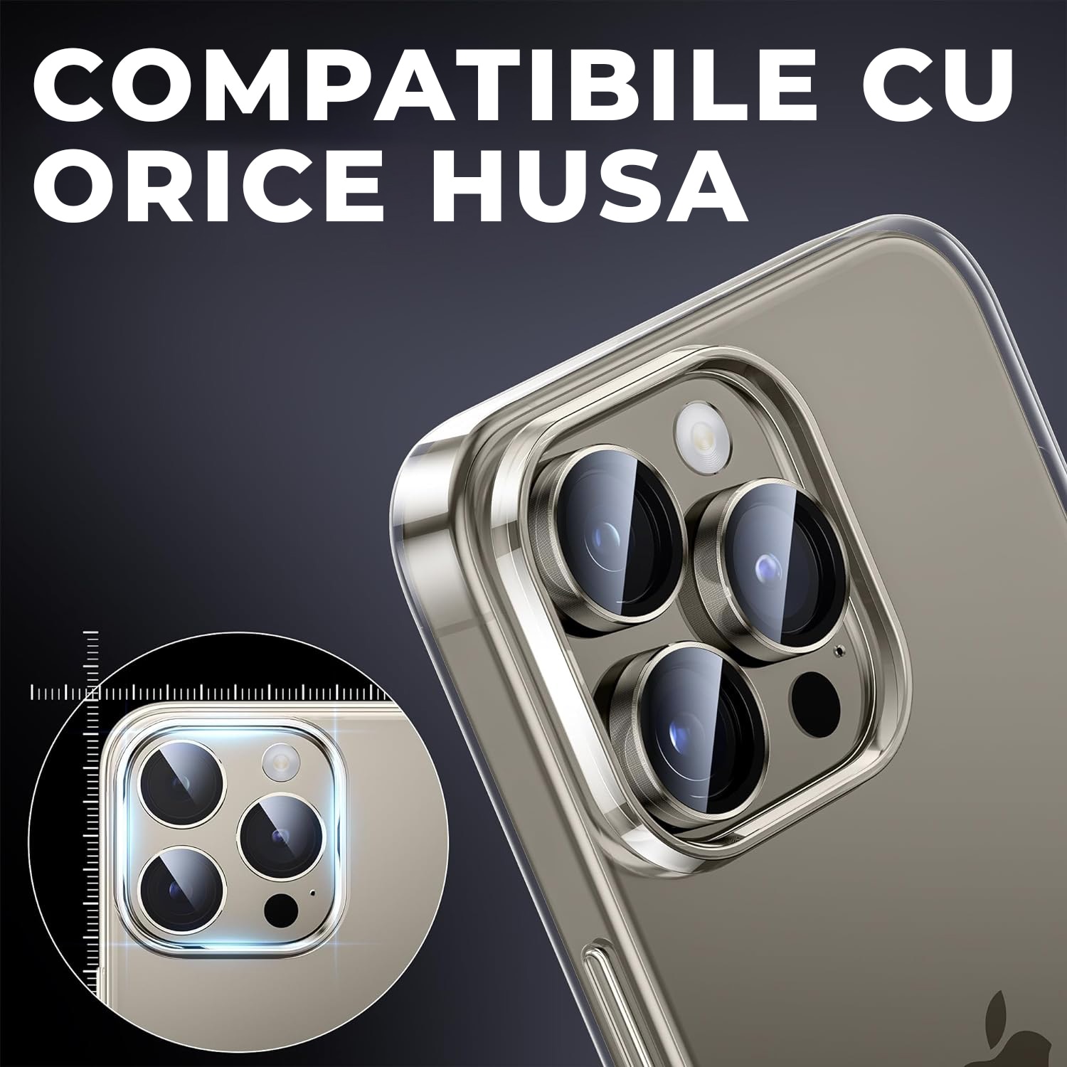 Folie Camera Daden din sticla pentru iPhone 15 Pro Max, Full Cover, Protectie Profesionala, Ultra Rezistenta, Calitate Premium, Natural Titanum, Gri