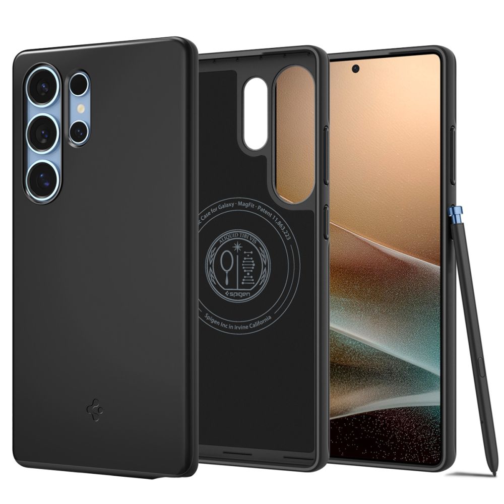 Etui Spigen pentru Samsung Galaxy S25 Ultra, Thin Fit Mag, negru, set cu sticla securizata 9H