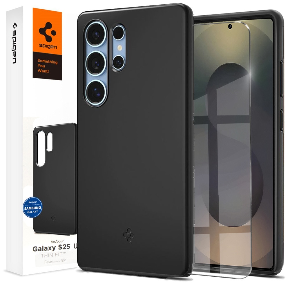 Etui Spigen pentru Samsung Galaxy S25 Ultra, Thin Fit Mag, negru, set cu sticla securizata 9H