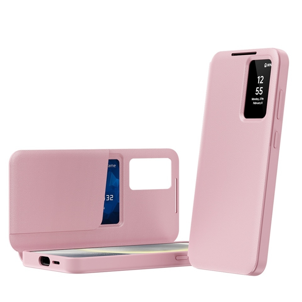 Husa pentru Samsung Galaxy S22 Ultra 5G tip carte, Skyddar, cu portofel si SmartView, Premium, set cu sticker, Roz