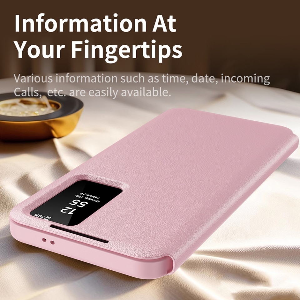 Husa pentru Samsung Galaxy S22 Ultra 5G tip carte, Skyddar, cu portofel si SmartView, Premium, set cu sticker, Roz