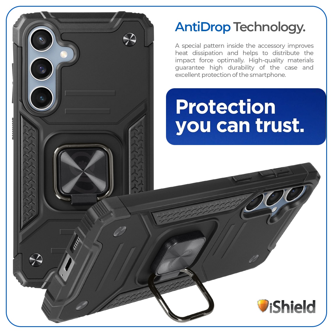 Husa pentru Samsung Galaxy S24, Hybrid Armor Dual, Anti-Soc, cu Inel Rotativ de prindere si functie Stand, compatibila cu Suport Auto magnetic, Nitro iShield, Neagra