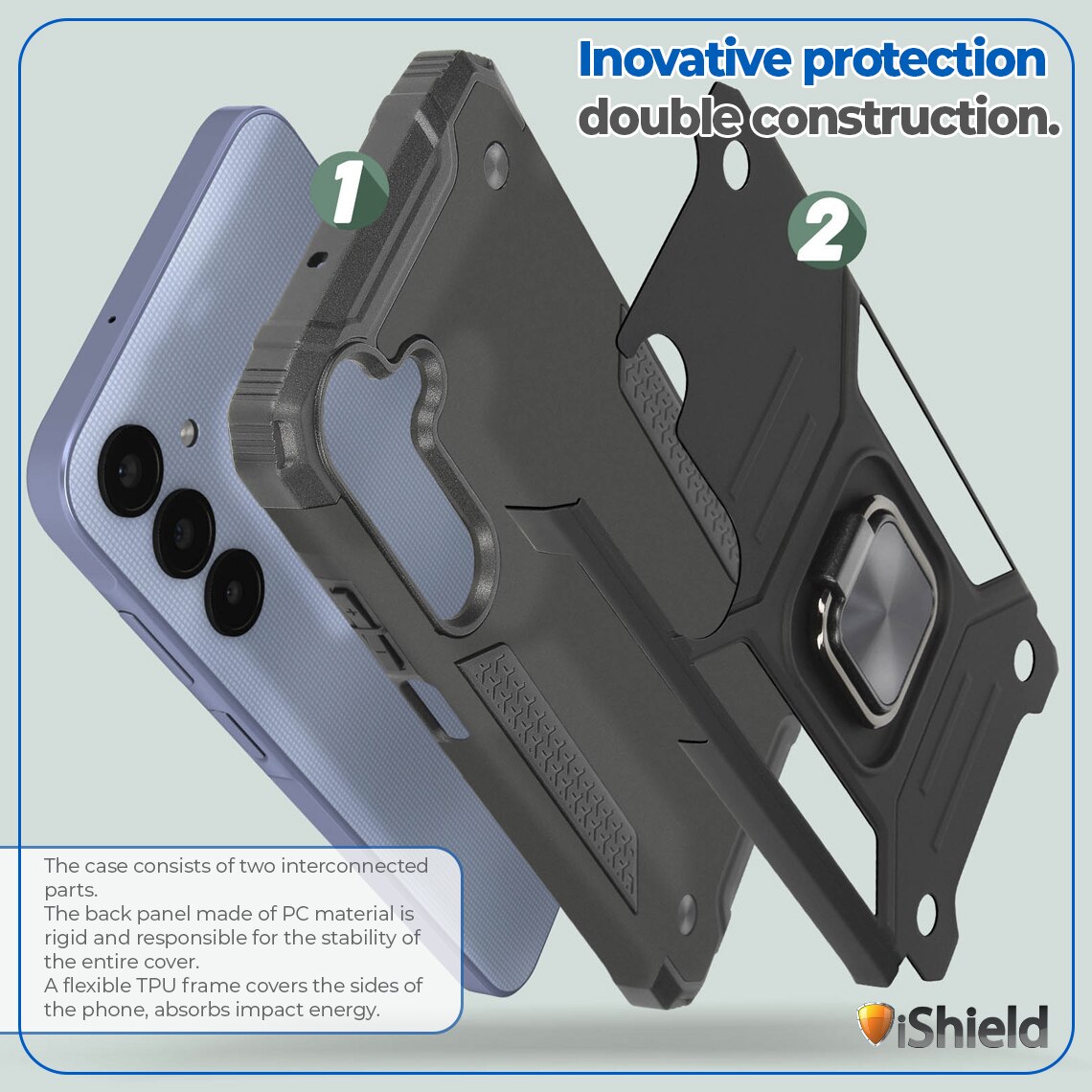 Husa pentru Samsung Galaxy S24, Hybrid Armor Dual, Anti-Soc, cu Inel Rotativ de prindere si functie Stand, compatibila cu Suport Auto magnetic, Nitro iShield, Neagra