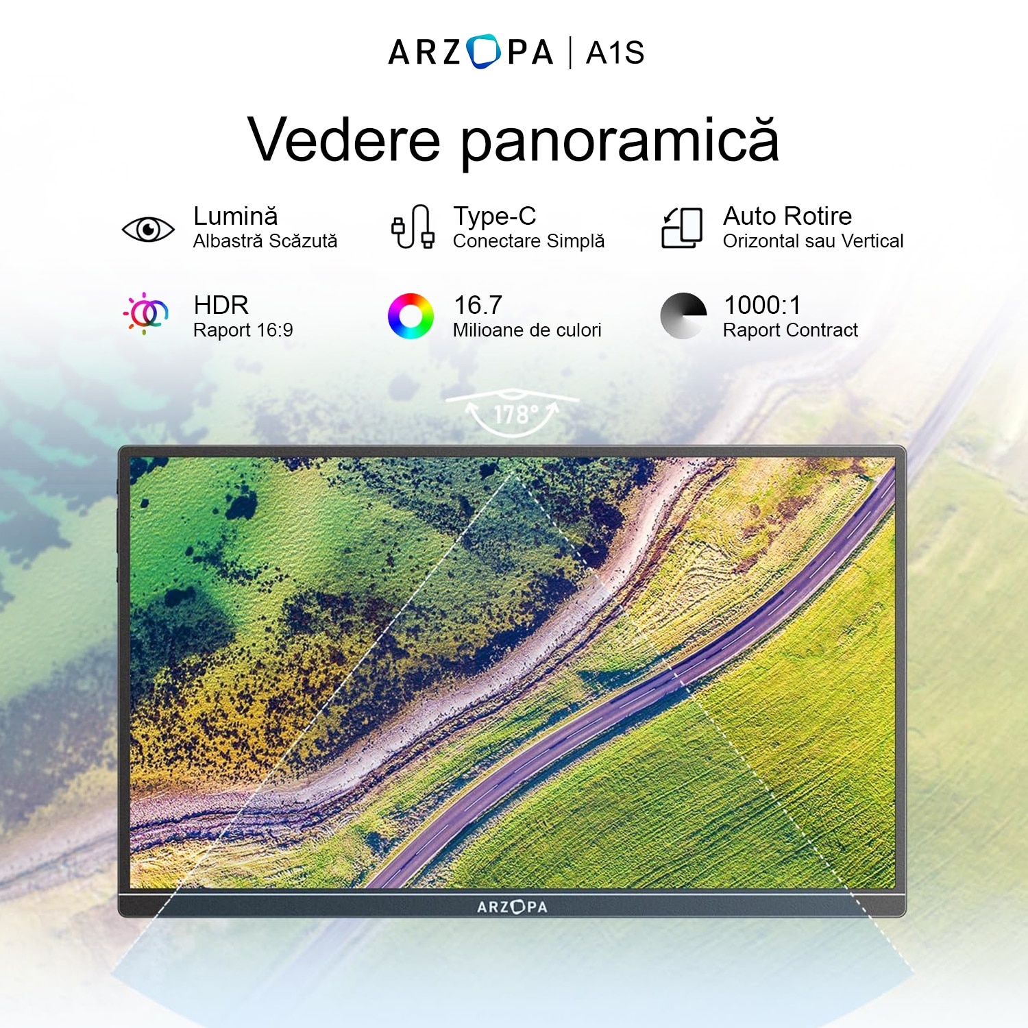 Monitor portabil ARZOPA A1S Ultra Slim, 14", Full HD, IPS, Wide, USB Type-C, Mini HDMI, Negru